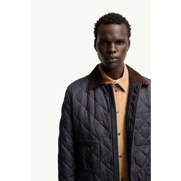 Moncler Kryen Diamond Quilted Denim Down Shirt Jacket in Dark Blue, view 6 | Men's Jackets | Coveti