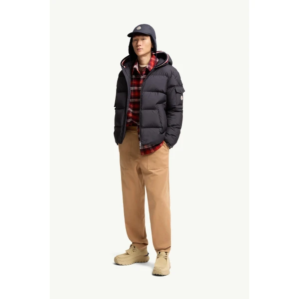 Moncler Lacfroid Hooded Short Down Jacket in Navy Blue, view 2 | Men's Jackets | Coveti