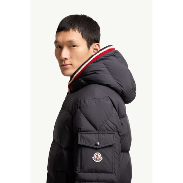 Moncler Lacfroid Hooded Short Down Jacket in Navy Blue, view 3 | Men's Jackets | Coveti