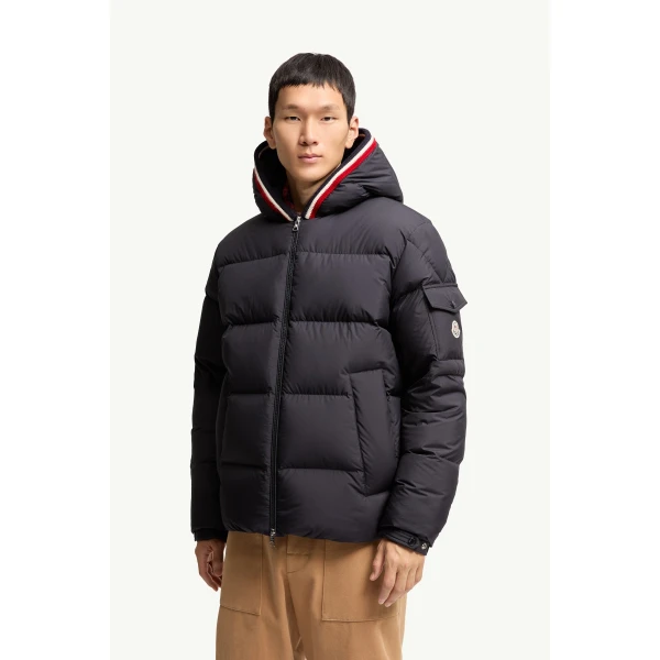 Moncler Lacfroid Hooded Short Down Jacket in Navy Blue, view 4 | Men's Jackets | Coveti