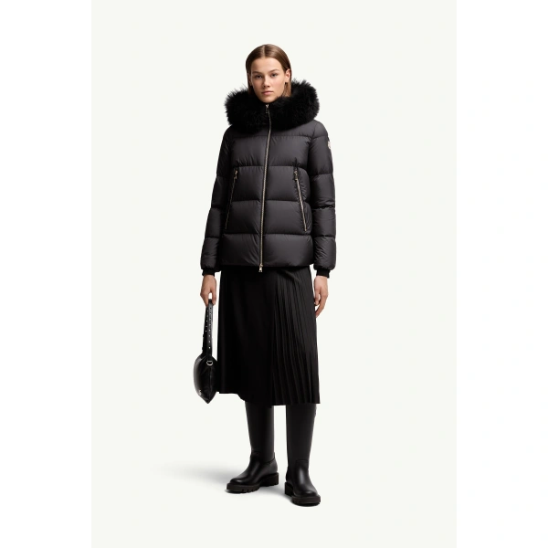 Moncler Laichefur Shearling-Trimmed Short Down Jacket in Black, view 2 | Women's Puffer Jackets | Coveti
