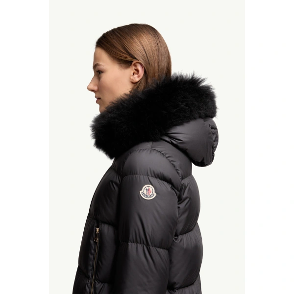 Moncler Laichefur Shearling-Trimmed Short Down Jacket in Black, view 3 | Women's Puffer Jackets | Coveti