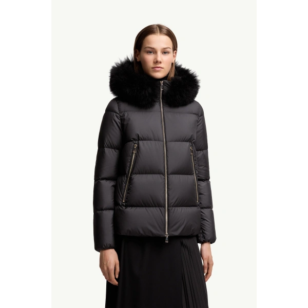 Moncler Laichefur Shearling-Trimmed Short Down Jacket in Black, view 4 | Women's Puffer Jackets | Coveti