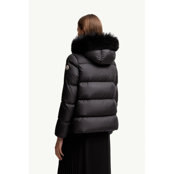 Moncler Laichefur Shearling-Trimmed Short Down Jacket in Black, view 5 | Women's Puffer Jackets | Coveti