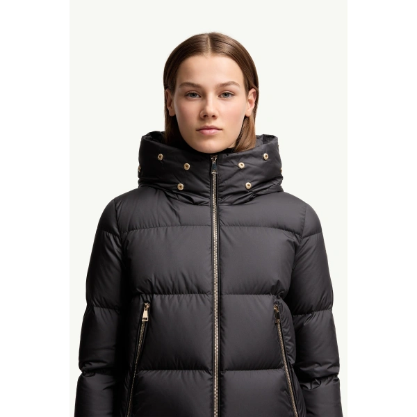 Moncler Laichefur Shearling-Trimmed Short Down Jacket in Black, view 6 | Women's Puffer Jackets | Coveti