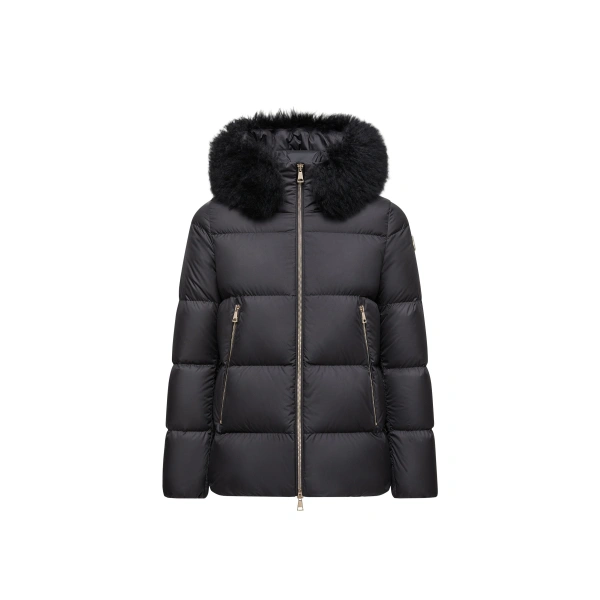 Moncler Laichefur Shearling-Trimmed Short Down Jacket in Black | Women's Puffer Jackets | Coveti