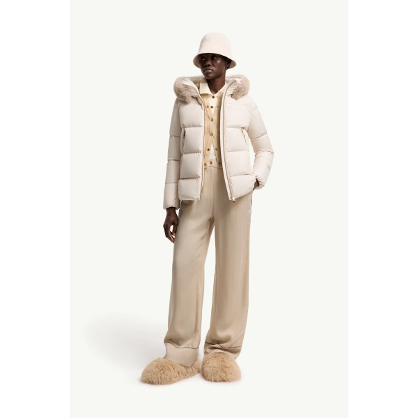 Moncler Laichefur Shearling-Trimmed Short Down Jacket in White, view 2 | Women's Puffer Jackets | Coveti