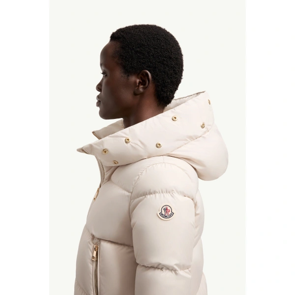 Moncler Laichefur Shearling-Trimmed Short Down Jacket in White, view 3 | Women's Puffer Jackets | Coveti