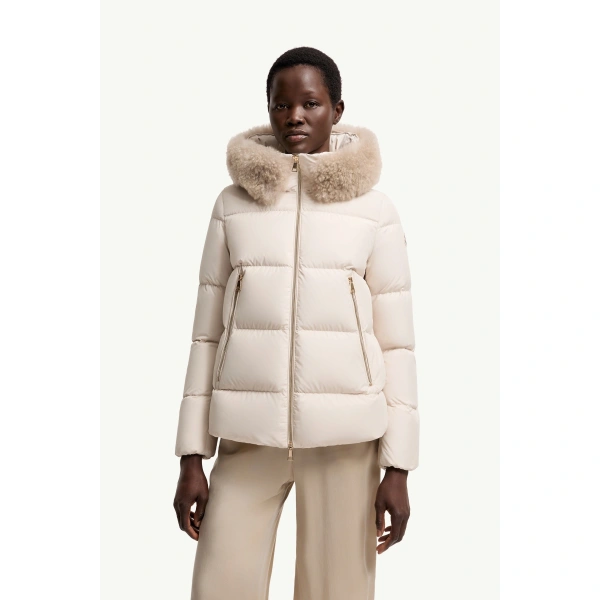 Moncler Laichefur Shearling-Trimmed Short Down Jacket in White, view 4 | Women's Puffer Jackets | Coveti