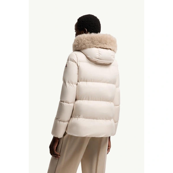 Moncler Laichefur Shearling-Trimmed Short Down Jacket in White, view 5 | Women's Puffer Jackets | Coveti