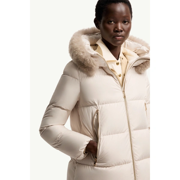 Moncler Laichefur Shearling-Trimmed Short Down Jacket in White, view 6 | Women's Puffer Jackets | Coveti