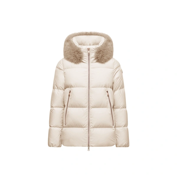 Moncler Laichefur Shearling-Trimmed Short Down Jacket in White | Women's Puffer Jackets | Coveti