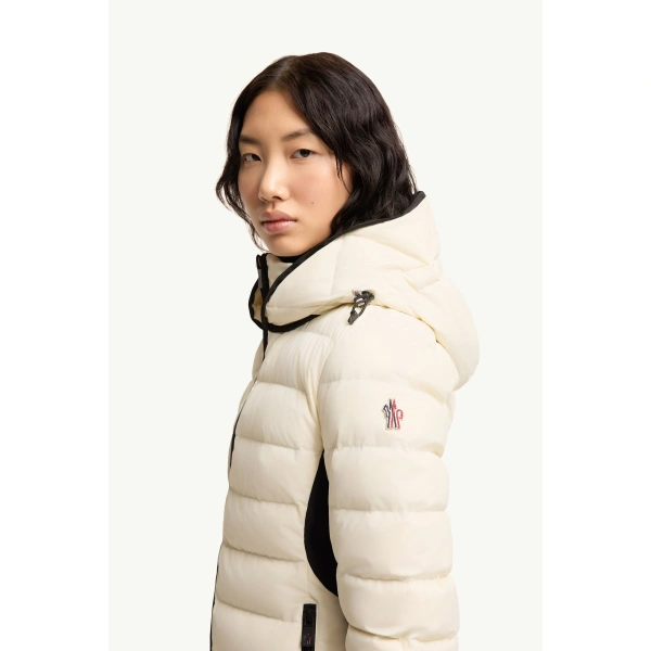 Moncler Lamouras Hooded Down Ski Jacket in White Ivory, view 3 | Women's Ski Jackets | Coveti
