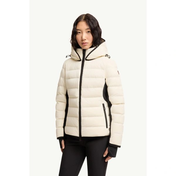 Moncler Lamouras Hooded Down Ski Jacket in White Ivory, view 4 | Women's Ski Jackets | Coveti