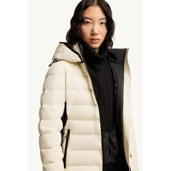 Moncler Lamouras Hooded Down Ski Jacket in White Ivory, view 6 | Women's Ski Jackets | Coveti