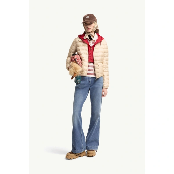 Moncler Lans Packable Short Down Jacket in Light Beige, view 2 | Women's Puffer Jackets | Coveti