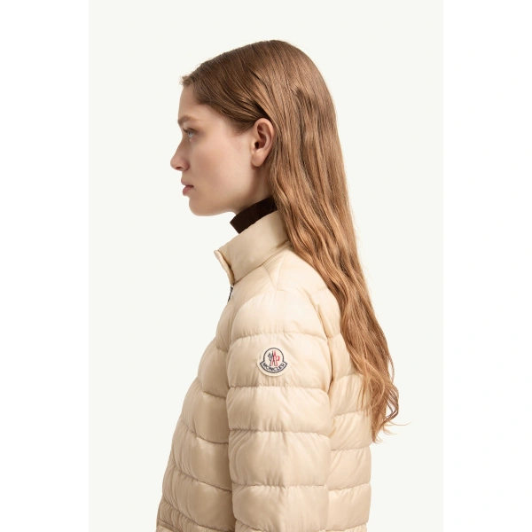 Moncler Lans Packable Short Down Jacket in Light Beige, view 3 | Women's Puffer Jackets | Coveti