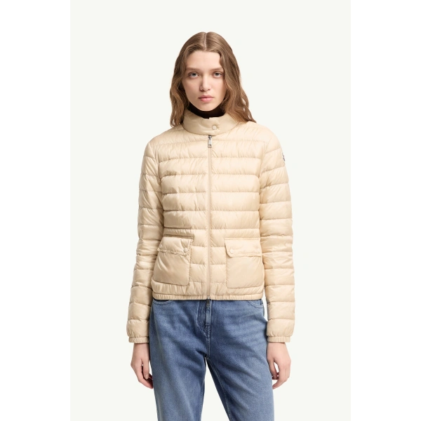 Moncler Lans Packable Short Down Jacket in Light Beige, view 4 | Women's Puffer Jackets | Coveti