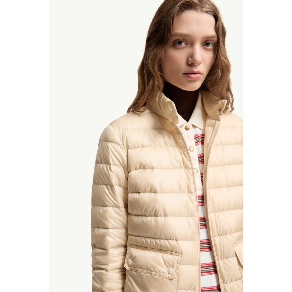 Moncler Lans Packable Short Down Jacket in Light Beige, view 6 | Women's Puffer Jackets | Coveti