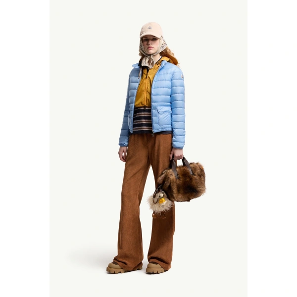 Moncler Lans Packable Short Down Jacket in Light Blue, view 2 | Women's Puffer Jackets | Coveti