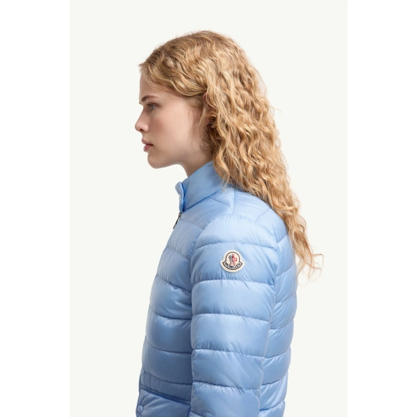 Moncler Lans Packable Short Down Jacket in Light Blue, view 3 | Women's Puffer Jackets | Coveti