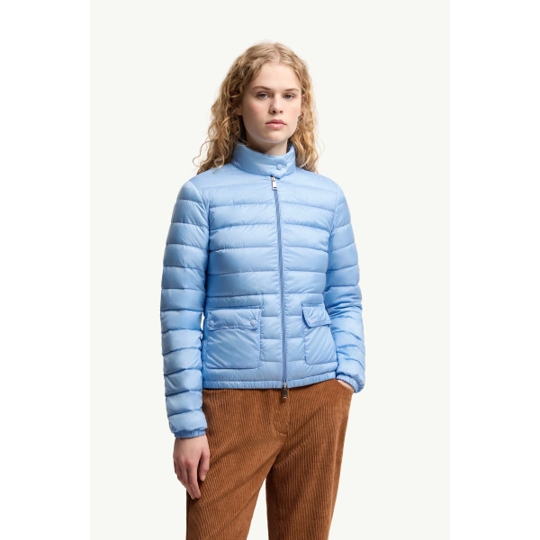 Moncler Lans Packable Short Down Jacket in Light Blue, view 4 | Women's Puffer Jackets | Coveti