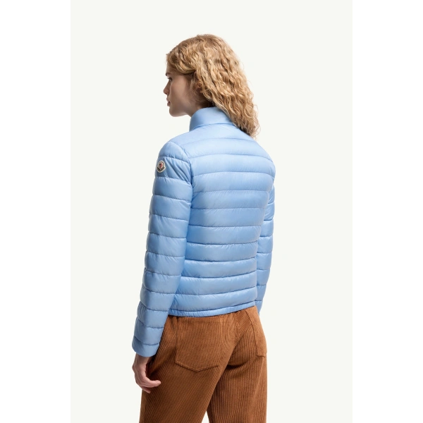 Moncler Lans Packable Short Down Jacket in Light Blue, view 5 | Women's Puffer Jackets | Coveti