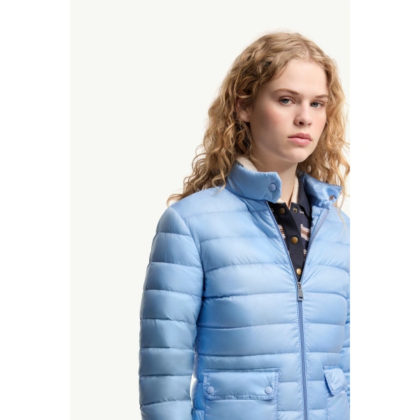 Moncler Lans Packable Short Down Jacket in Light Blue, view 6 | Women's Puffer Jackets | Coveti