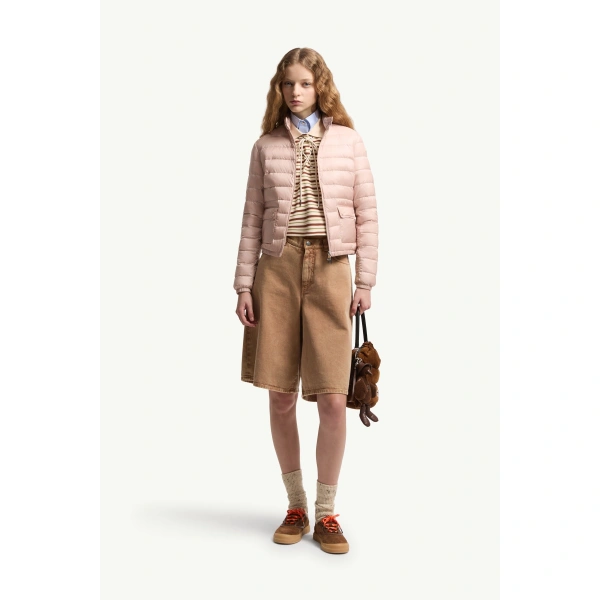 Moncler Lans Packable Short Down Jacket in Light Pink, view 2 | Women's Puffer Jackets | Coveti