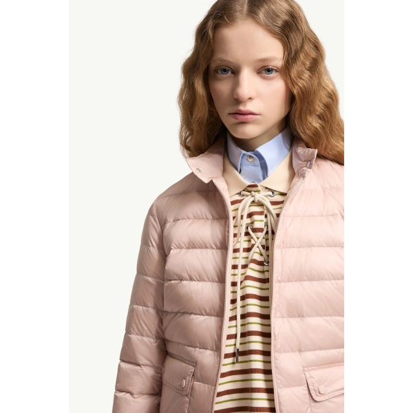 Moncler Lans Packable Short Down Jacket in Light Pink, view 6 | Women's Puffer Jackets | Coveti