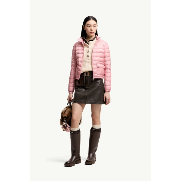 Moncler Lans Packable Short Down Jacket in Rose Pink, view 2 | Women's Puffer Jackets | Coveti