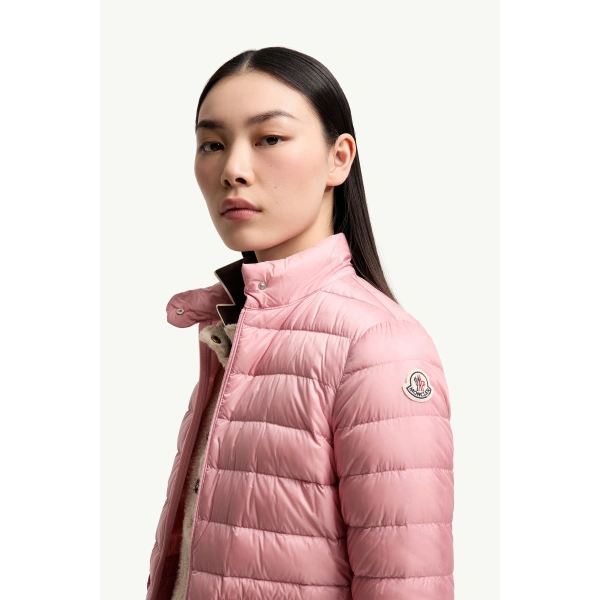 Moncler Lans Packable Short Down Jacket in Rose Pink, view 3 | Women's Puffer Jackets | Coveti