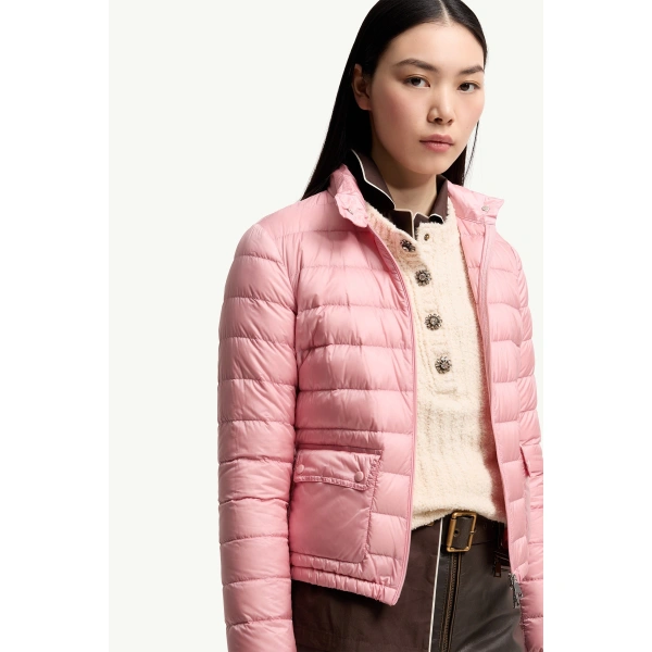 Moncler Lans Packable Short Down Jacket in Rose Pink, view 6 | Women's Puffer Jackets | Coveti