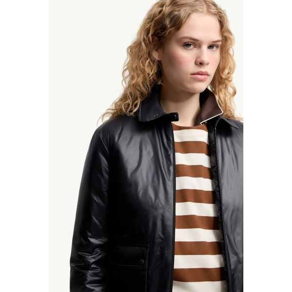 Moncler Lanset Packable Short Down Shirt Jacket in Navy Blue, view 6 | Women's Puffer Jackets | Coveti