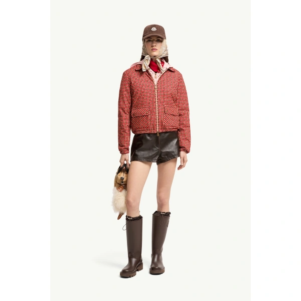 Moncler Lanset Velvet Short Down Jacket in Red, view 2 | Women's Puffer Jackets | Coveti