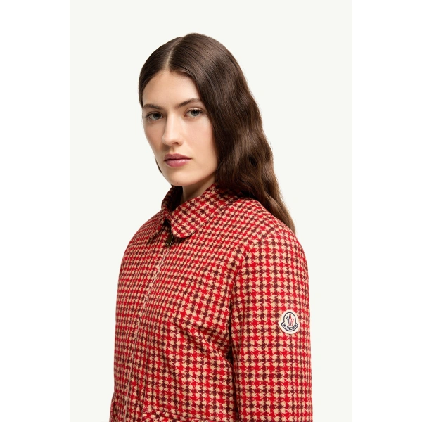 Moncler Lanset Velvet Short Down Jacket in Red, view 3 | Women's Puffer Jackets | Coveti