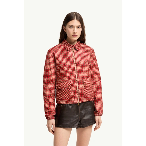 Moncler Lanset Velvet Short Down Jacket in Red, view 4 | Women's Puffer Jackets | Coveti