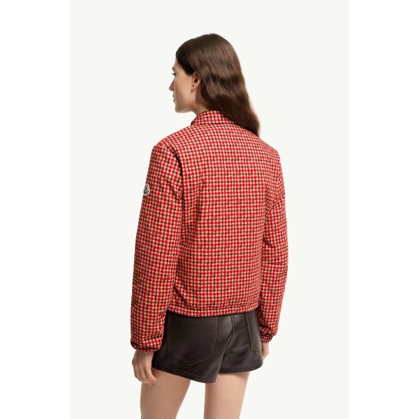 Moncler Lanset Velvet Short Down Jacket in Red, view 5 | Women's Puffer Jackets | Coveti