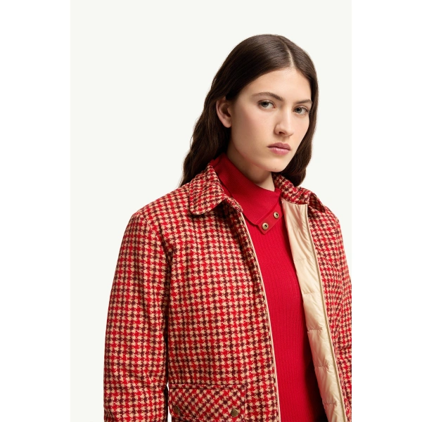 Moncler Lanset Velvet Short Down Jacket in Red, view 6 | Women's Puffer Jackets | Coveti