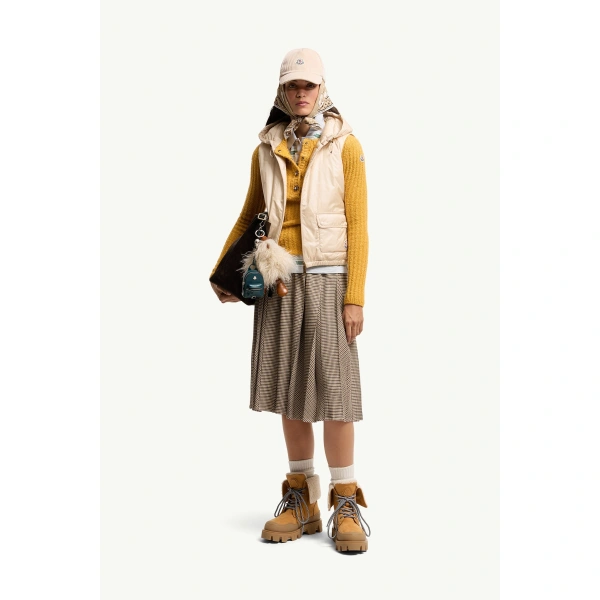Moncler Lansette Short Longue Saison Down Gilet in Light Beige, view 2 | Women's Vests and Gilets | Coveti