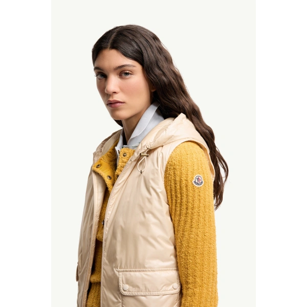 Moncler Lansette Short Longue Saison Down Gilet in Light Beige, view 3 | Women's Vests and Gilets | Coveti