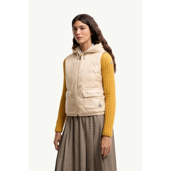 Moncler Lansette Short Longue Saison Down Gilet in Light Beige, view 4 | Women's Vests and Gilets | Coveti