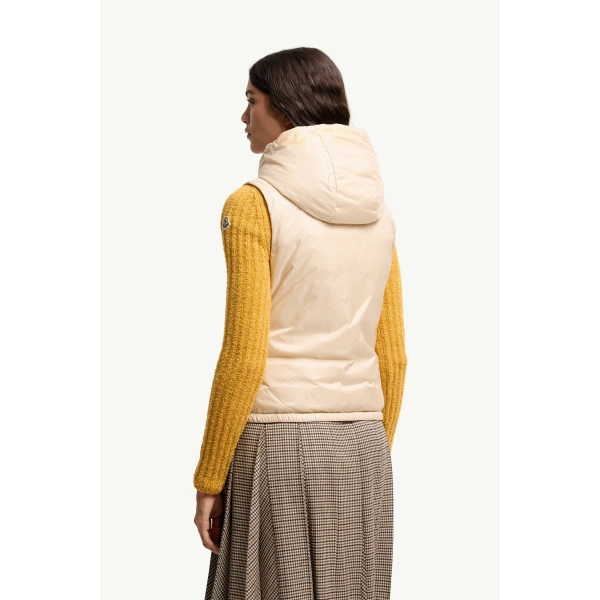 Moncler Lansette Short Longue Saison Down Gilet in Light Beige, view 5 | Women's Vests and Gilets | Coveti