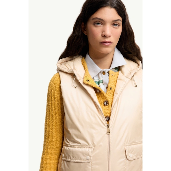 Moncler Lansette Short Longue Saison Down Gilet in Light Beige, view 6 | Women's Vests and Gilets | Coveti