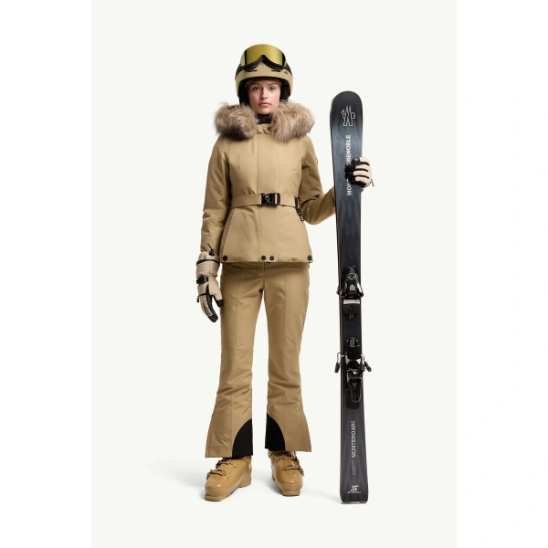Moncler Laplance GORE-TEX Shearling-Trimmed Hooded Insulated Ski Jacket in Beige, view 2 | Women's Ski Jackets | Coveti