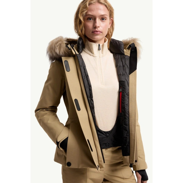 Moncler Laplance GORE-TEX Shearling-Trimmed Hooded Insulated Ski Jacket in Beige, view 6 | Women's Ski Jackets | Coveti