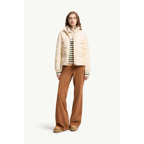 Moncler Lavaret Short Down Jacket in White Ivory, view 2 | Women's Puffer Jackets | Coveti