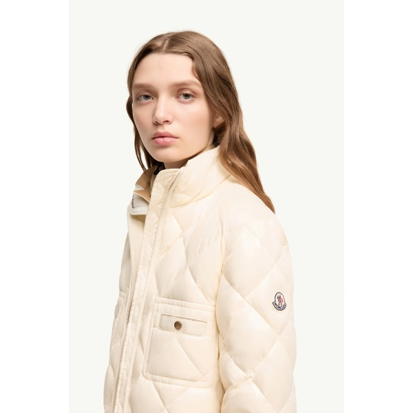 Moncler Lavaret Short Down Jacket in White Ivory, view 3 | Women's Puffer Jackets | Coveti
