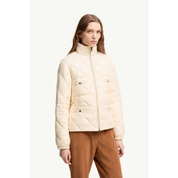 Moncler Lavaret Short Down Jacket in White Ivory, view 4 | Women's Puffer Jackets | Coveti