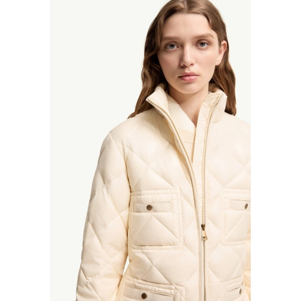 Moncler Lavaret Short Down Jacket in White Ivory, view 6 | Women's Puffer Jackets | Coveti